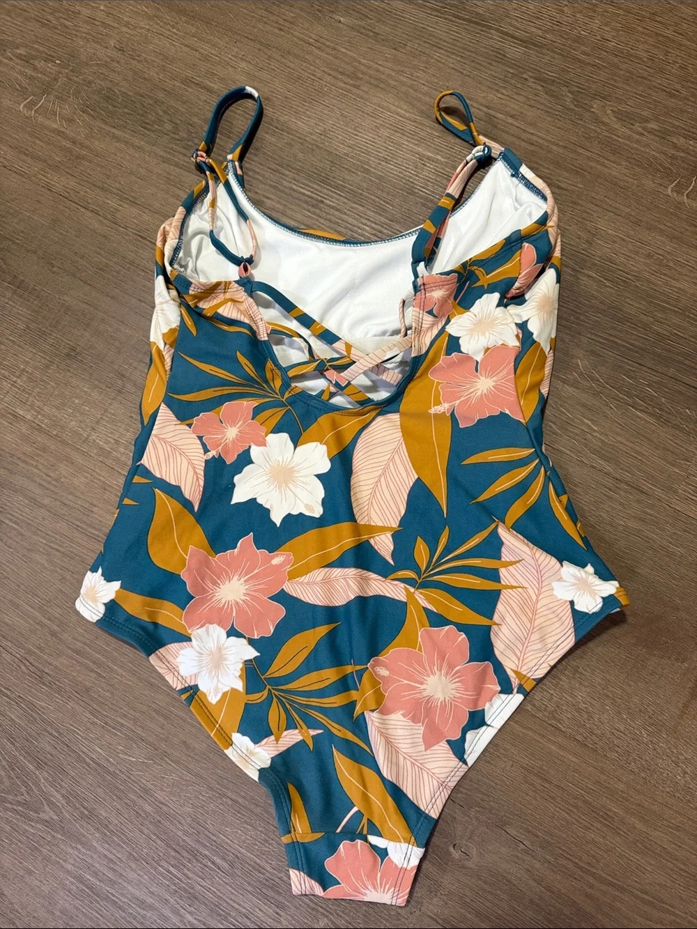 Kona Sol Botanical Floral Criss Cross One Piece Swimsuit Teal Pink Medium
